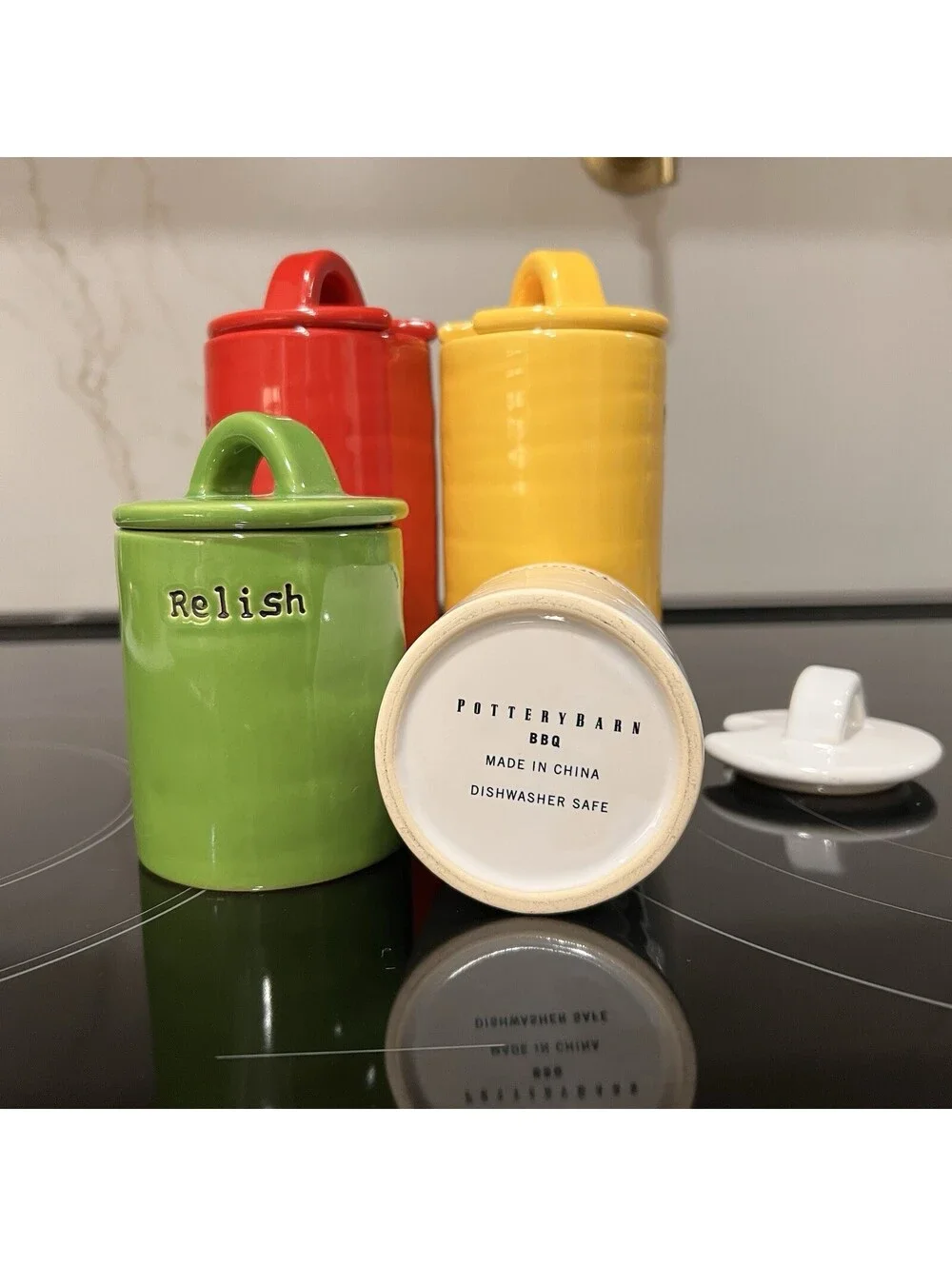 Pottery Barn BBQ Condiment Jars Ketchup Mayonnaise Mustard Relish No Spoons